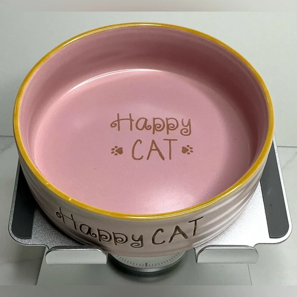 Spectrum Cat Bowl Ceramic Pink Pet Dish Food Water Happy Cat Pawprints 5.25